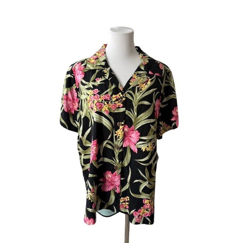 Hawaiian Jack's Café Black Tropical Button Up Shirt 1X Hibiscus Colorful NEW